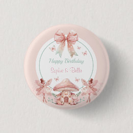 Fairy Twins Mushroom House Birthday Button