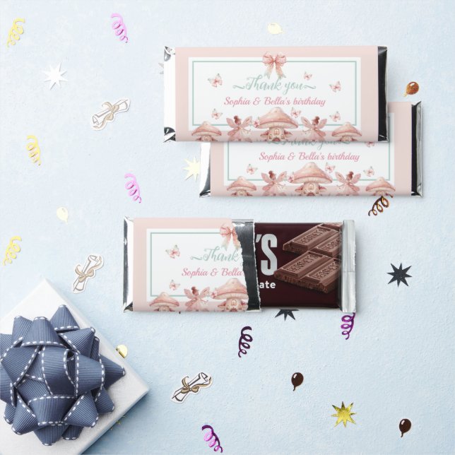 Fairy Twins Mushroom House Birthday Hershey Bar Favors (Front)