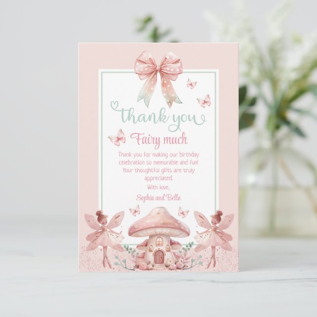 Fairy Twins Mushroom House Birthday Thank You Card (Standing Front)