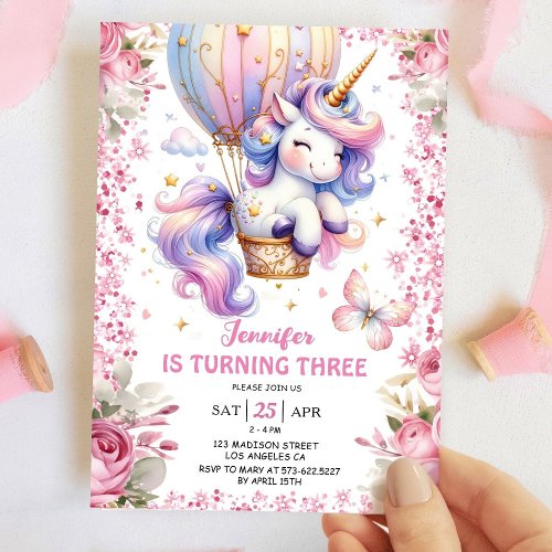 Fairy Unicorn 3rd Birthday Girl Pink Unicorn Invitation