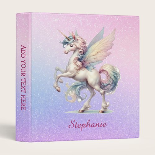 Fairy Unicorn Pastel Purple Pink Blue Glitter 3 Ring Binder