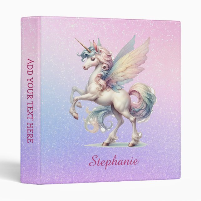 Fairy Unicorn Pastel Purple Pink Blue Glitter 3 Ring Binder (Front/Spine)