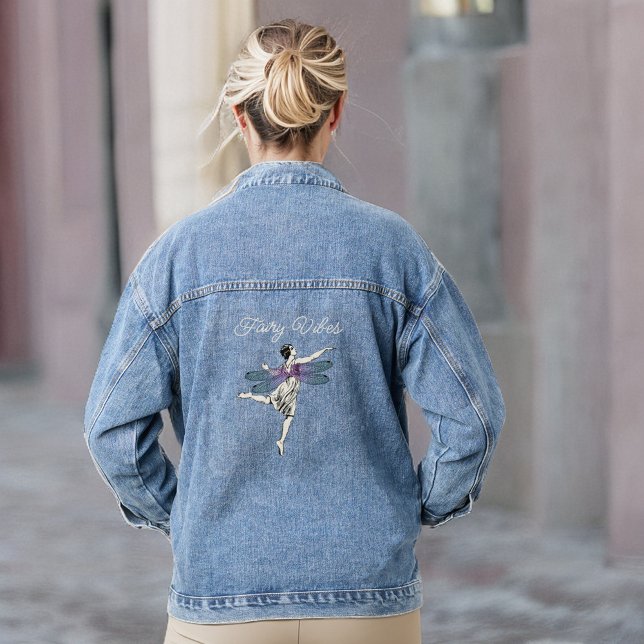 Fairy Vibes Dragonfly Woman White Purple Aqua Denim Jacket (Creator Uploaded)