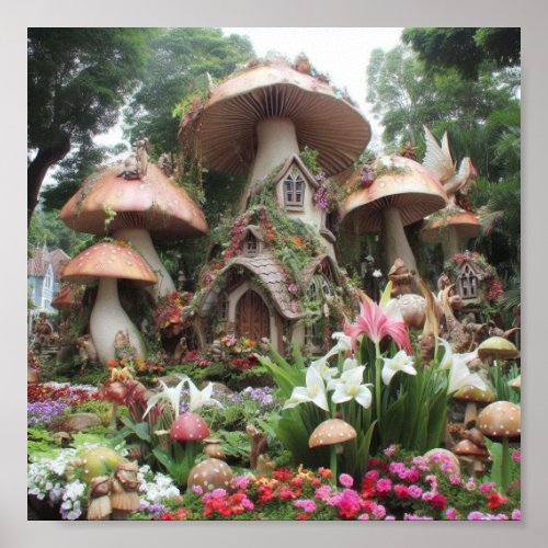  fairy village giant mushrooms and flowers poster