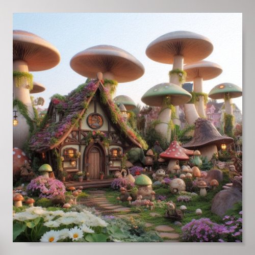  fairy village giant mushrooms and flowers poster
