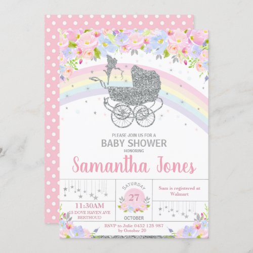 Fairy Vintage Pram Floral Silver Baby Shower Invitation