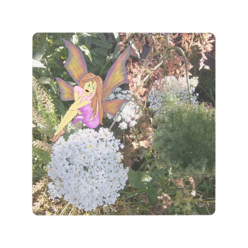 Fairy Visiting Queen Annes Lace in Garden Metal Print