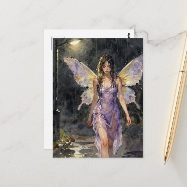 Fairy walking in a rainy night postcard (Front/Back In Situ)