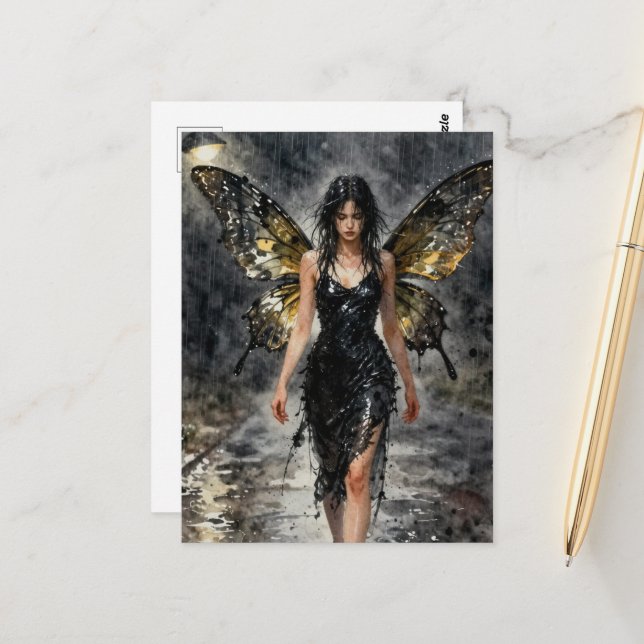 Fairy walking on a rainy night postcard (Front/Back In Situ)