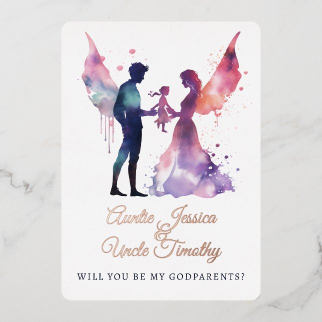 Fairy  Watercolor Photo Girl Godparents Proposal Foil Invitation (Front)