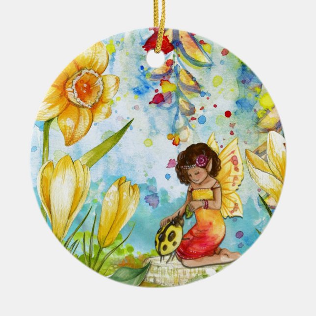 Fairy watercolour illustration whimsical ceramic ornament (Front)