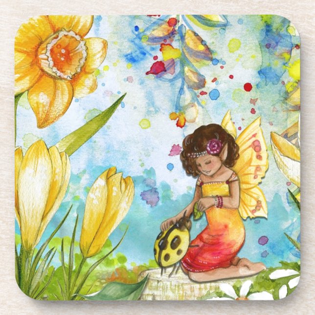 Fairy watercolour illustration whimsical drink coaster (Front)