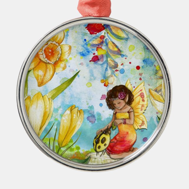 Fairy watercolour illustration whimsical metal ornament (Front)