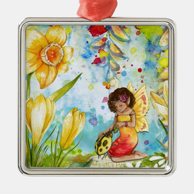Fairy watercolour illustration whimsical metal ornament (Front)