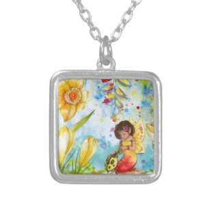 Fairy watercolour illustration whimsical silver plated necklace