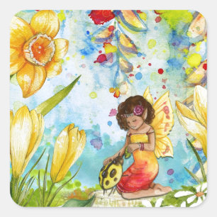 Fairy watercolour illustration whimsical square sticker