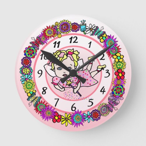 Fairy Whimsical Folk Art Girls Round Clock
