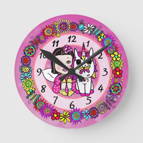 Fairy Whimsical Folk Art Girls Round Clock