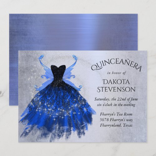 Fairy Wing Gown | Cool Cobalt Blue Quinceaneara Invitation | Gabriel Angel  Design