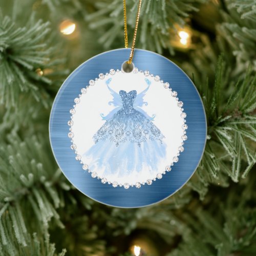Fairy Wing Gown  Ice Blue Iridescent Periwinkle Ceramic Ornament