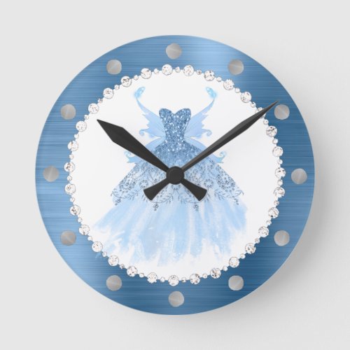 Fairy Wing Gown  Ice Blue Iridescent Periwinkle Round Clock