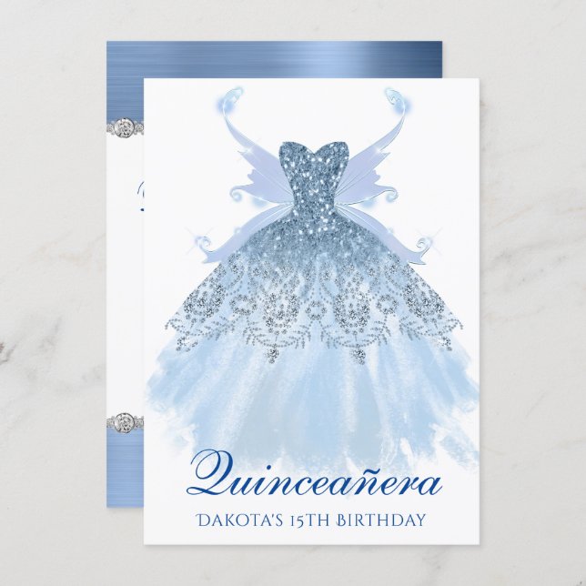 Fairy Wing Gown | Ice Blue Iridescent Quinceanera Invitation (Front/Back)