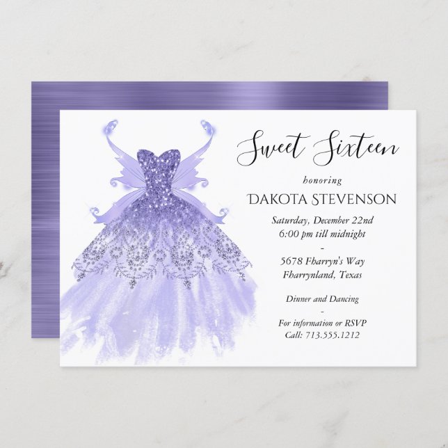 Fairy Wing Gown | Lavender Purple Iridescent Glam Invitation (Front/Back)