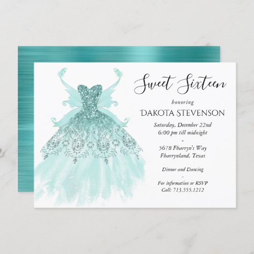 Fairy Wing Gown  Luxe Mint Green Pearl Aqua Party Invitation