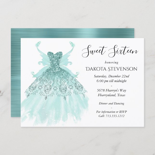 Fairy Wing Gown | Luxe Mint Green Pearl Aqua Party Invitation (Front/Back)