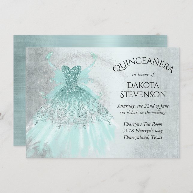 Fairy Wing Gown | Luxe Mint Green Pearl Aqua Sheen Invitation (Front/Back)