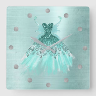 Fairy Wing Gown   Luxe Mint Green Pearl Aqua Sheen Square Wall Clock
