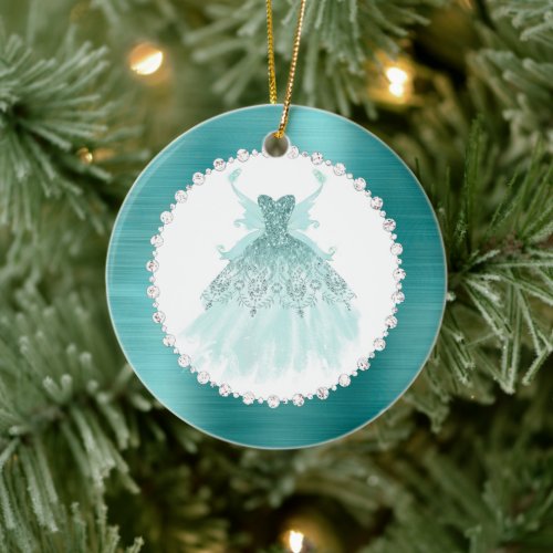 Fairy Wing Gown  Luxe Mint Green Pearl Shimmer Ceramic Ornament