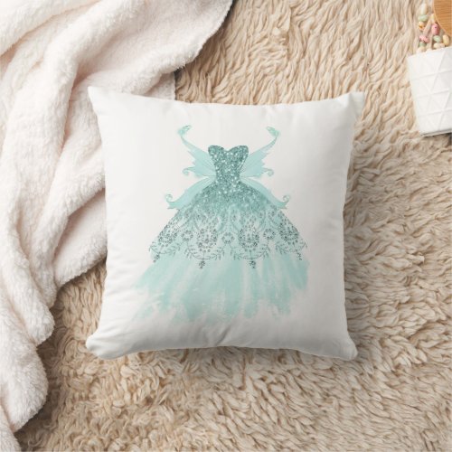 Fairy Wing Gown  Luxe Mint Green Pearl Shimmer Throw Pillow