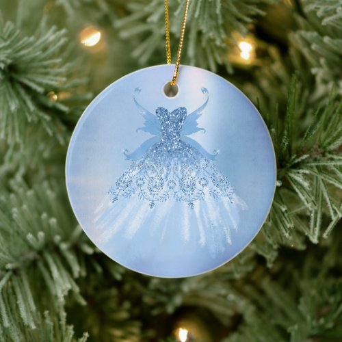 Fairy Wing Ice Gown | Frost Blue Iridescent Sheen Ceramic Ornament
