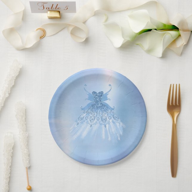 Fairy Wing Ice Gown | Frost Blue Iridescent Sheen Paper Plates (Wedding)