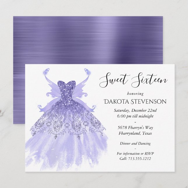 Fairy Wing Lavender Gown | Purple Iridescent Sheen Invitation (Front/Back)