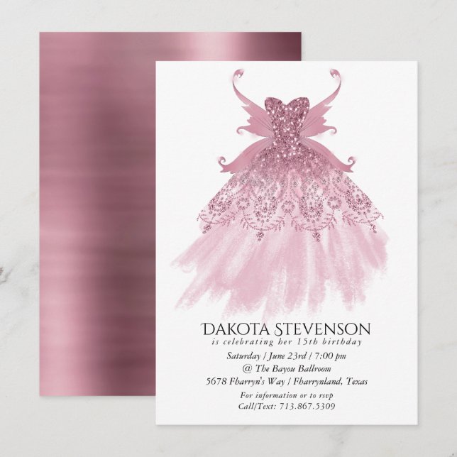 Fairy Wing Mauve Gown | Luxurious Dusty Pink Sheen Invitation (Front/Back)