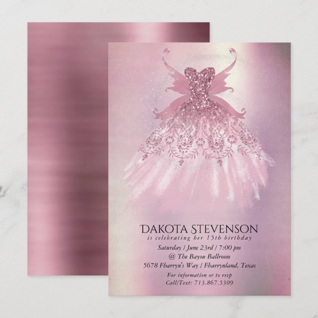 Fairy Wing Mauve Gown | Luxurious Dusty Pink Sheen Invitation (Front/Back)