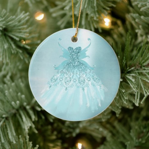 Fairy Wing Mint Gown | Luxe Pearl Green Aqua Sheen Ceramic Ornament