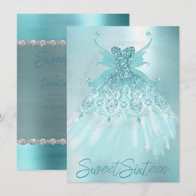 Fairy Wing Mint Gown | Luxe Pearl Green Aqua Sheen Invitation (Front/Back)