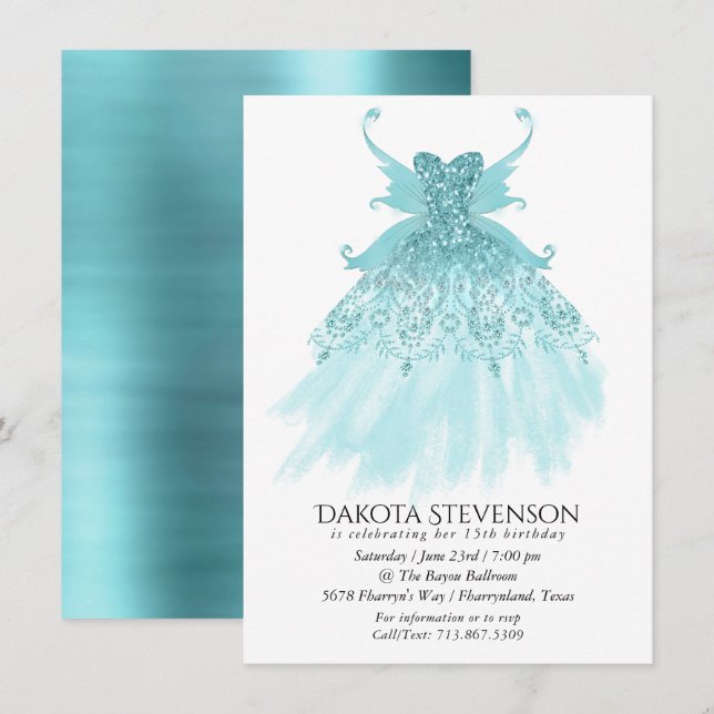 Fairy Wing Mint Gown | Luxe Pearl Green Aqua Sheen Invitation (Front/Back)