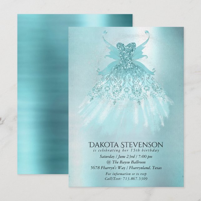 Fairy Wing Mint Gown | Luxe Pearl Green Aqua Sheen Invitation (Front/Back)
