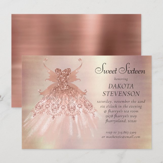 Fairy Wing Rose Gold Gown | Terracotta Coral Sheen Invitation (Front/Back)
