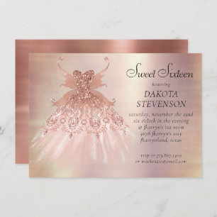 Fairy Wing Rose Gold Gown Terracotta Coral Sheen Invitation