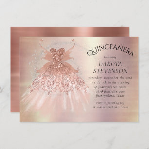 Fairy Wing Rose Gold Gown Terracotta Coral Sheen Invitation