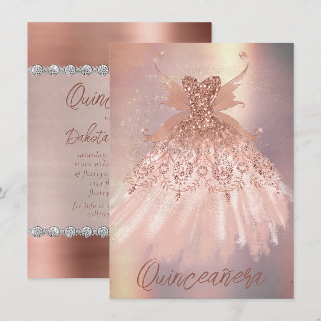 Fairy Wing Rose Gold Gown | Terracotta Coral Sheen Invitation (Front/Back)
