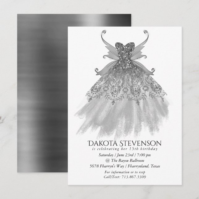 Fairy Wing Silver Gown | Platinum Foil Faux Sheen Invitation (Front/Back)