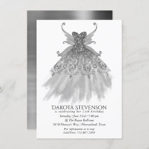 Fairy Wing Silver Gown Platinum Foil Faux Sheen Invitation