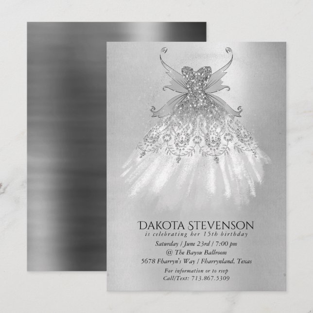 Fairy Wing Silver Gown | Platinum Foil Faux Sheen Invitation (Front/Back)