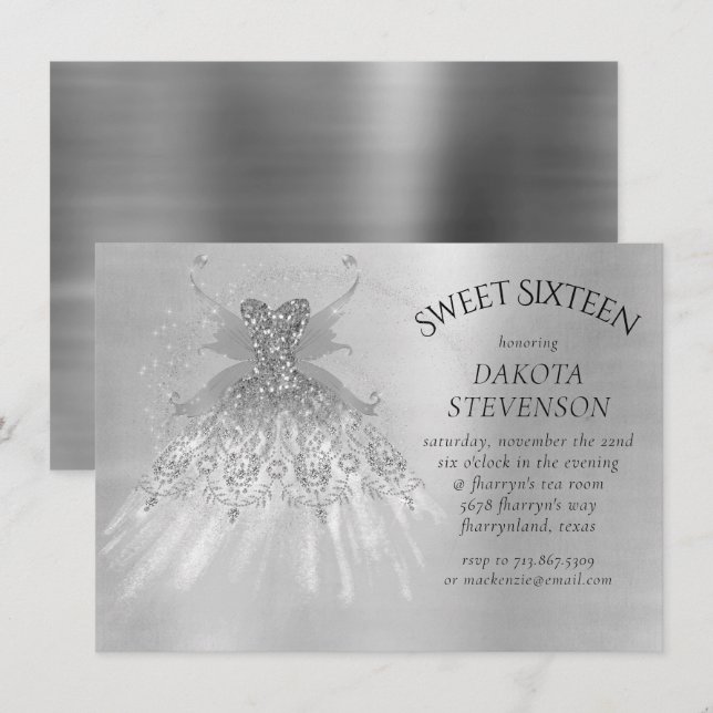 Fairy Wing Silver Gown | Platinum Foil Faux Sheen Invitation (Front/Back)